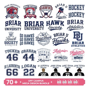May include: A collection of graphic designs featuring Briar University athletics, hockey team logos, player names like Tucker, Graham, Logan, and Di Laurentis with jersey numbers, and Malone's restaurant branding, labelled as a 70+ mega design bundle.