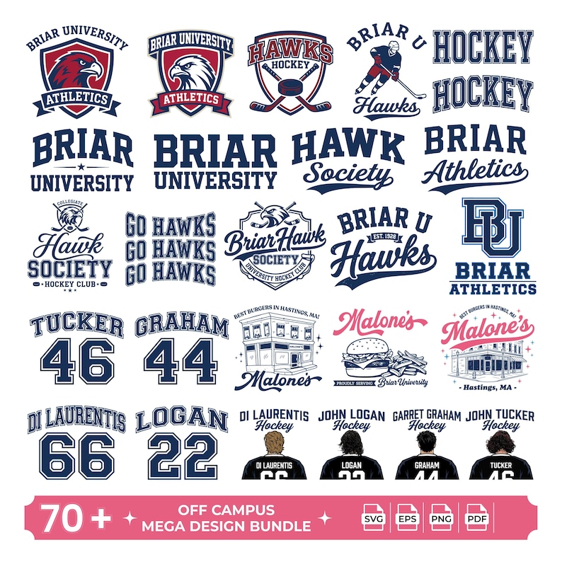 May include: A collection of graphic designs featuring Briar University athletics, hockey team logos, player names like Tucker, Graham, Logan, and Di Laurentis with jersey numbers, and Malone's restaurant branding, labeled as a 70+ mega design bundle.