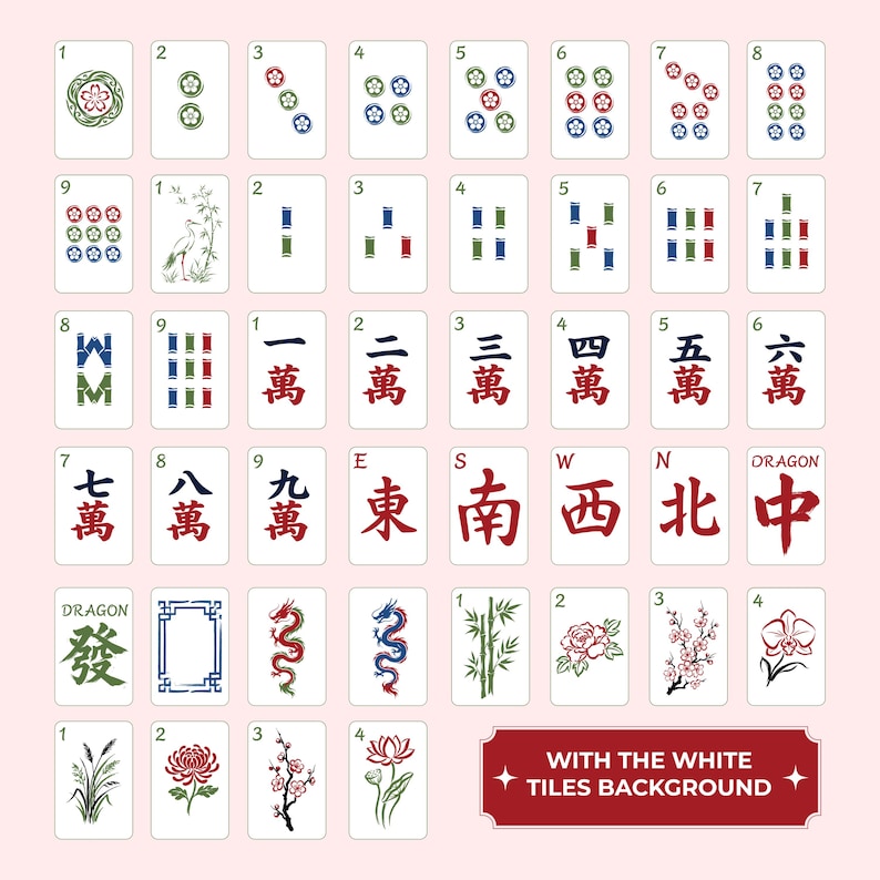May include: A collection of Mahjong tiles with various symbols, numbers, and Chinese characters. The tiles feature floral designs, dragons, and directional symbols, set against a light pink background. Text on the tiles includes "Dragon" and directional terms.