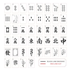May include: A collection of Mahjong tiles, each featuring unique symbols and characters in black. The tiles display various flower patterns, bamboo stalks, and Chinese characters. The image also includes a legend indicating black line engraving and red line cut.