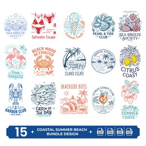 Puede incluir: Una colección digital de 15 diseños de playa de verano costero con ilustraciones de líneas de vida marina, frutas tropicales, ropa de playa y comida. Cada gráfico incluye texto como Sea Breeze Society, Saltwater Escape y Citrus Coast, presentado en una paleta de colores azul y naranja.
