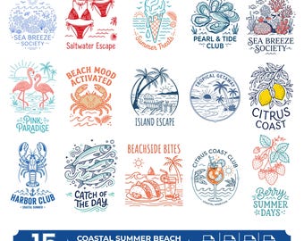 Coastal Summer SVG Bundle | Beach Vacation Clipart, Lobster, Cocktail Graphics (Digital Download)