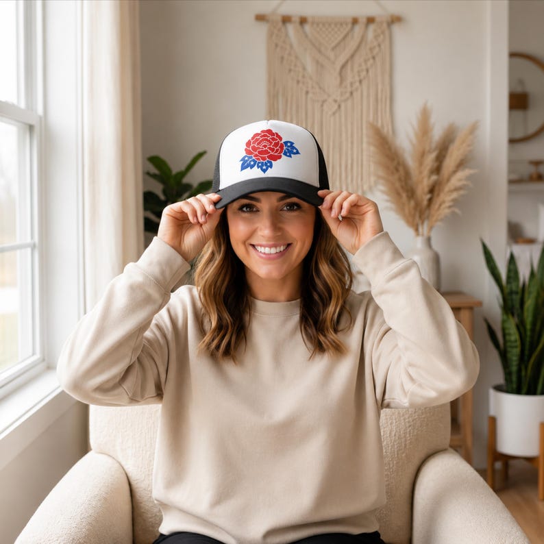 May include: A trucker cap featuring a white front panel with a red and blue floral graphic design. The cap has a black peak and black mesh side and back panels. The design depicts a stylised flower with red petals and blue leaves.