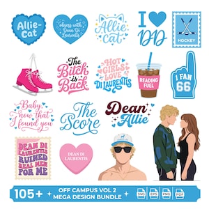 May include: A digital design bundle featuring various graphic elements including hearts, pink ice skates, a coffee cup labeled Reading Fuel, a foam finger, text designs like Allie-Cat and Dean Di Laurentis, and an illustration of a couple.