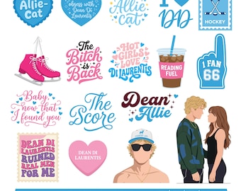May include: A digital design bundle featuring various graphic elements including hearts, pink ice skates, a coffee cup labeled Reading Fuel, a foam finger, text designs like Allie-Cat and Dean Di Laurentis, and an illustration of a couple.