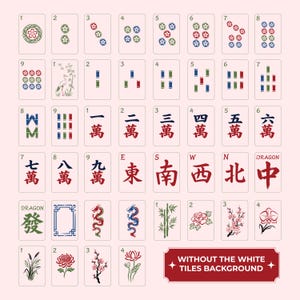 May include: A collection of Mahjong tiles with various symbols, numbers, and Chinese characters. The tiles feature floral designs, dragons, and directional indicators. The text "WITHOUT THE WHITE TILES BACKGROUND" is also present.