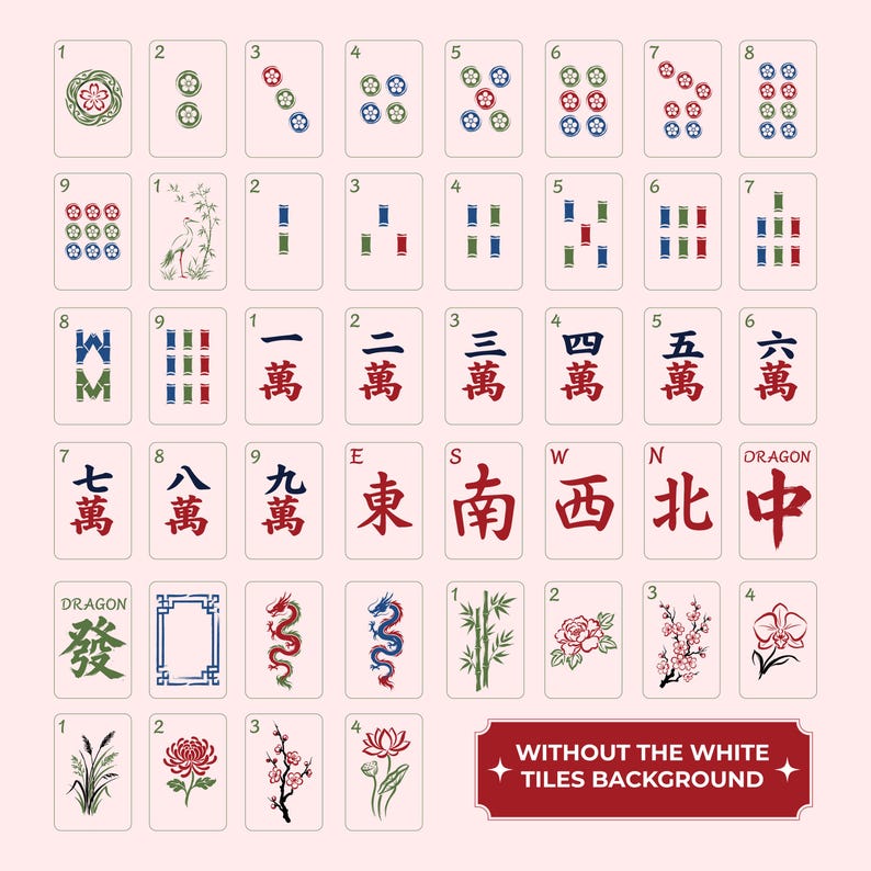 May include: A collection of Mahjong tiles with various symbols, numbers, and Chinese characters. The tiles feature floral designs, dragons, and directional indicators. The text "WITHOUT THE WHITE TILES BACKGROUND" is also present.