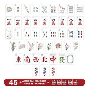 May include: A set of 45 American Mahjong tiles, featuring various suits, numbers, and special tiles. The tiles have floral and dragon illustrations, with Chinese characters and numbers. The set includes SVG, EPS, PNG, DXF, and PDF file formats.