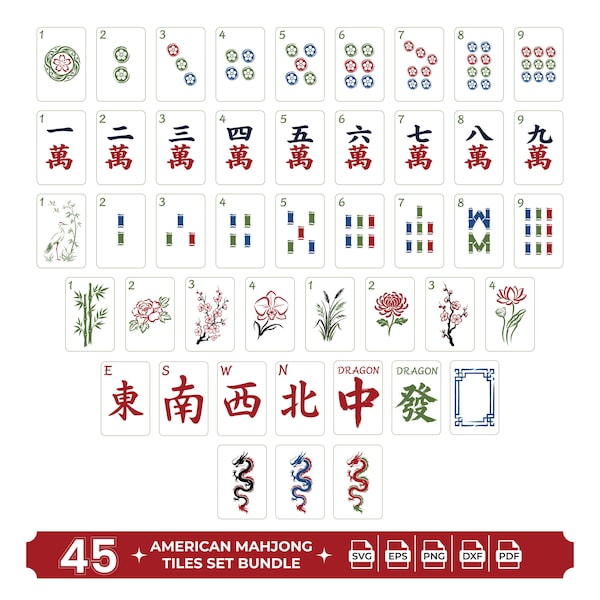 Paquete de archivos SVG de Mahjong, fichas de Mahjong en formato SVG, imágenes prediseñadas de Mahjong, archivos PNG/Cricut de Mahjong americano, diseño para corte láser.