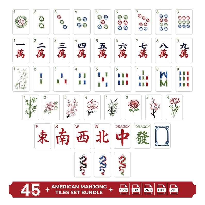 May include: A set of 45 American Mahjong tiles, featuring various suits, numbers, and special tiles. The tiles have floral and dragon illustrations, with Chinese characters and numbers. The set includes SVG, EPS, PNG, DXF, and PDF file formats.