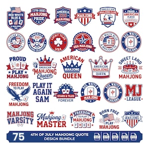Puede incluir: Una colección de 75 diseños gráficos en rojo, blanco y azul con motivos de Mahjong de temática estadounidense, incluyendo escudos, coronas, águilas y textos como Mahjong Pride, American Mahjong Club y Sweet Land of Mahjong, en formato digital.