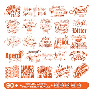 Könnte beinhalten: Eine Sammlung orangefarbener Grafikdesigns mit verschiedenen Sprüchen rund um Aperol und Spritz, darunter Texte wie Spritz Time, Aperol State of Mind und Vitamin Aperol, präsentiert als digitales Design-Paket mit SVG-, EPS-, PNG-, DXF- und PDF-Dateiformaten.