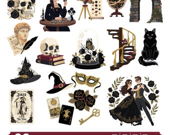 Clipart Dark Academia | Grafika dziennika ze starodawnych książek | Estetyka gotyckiego uczonego w stylu vintage | Przezroczysty pakiet PNG