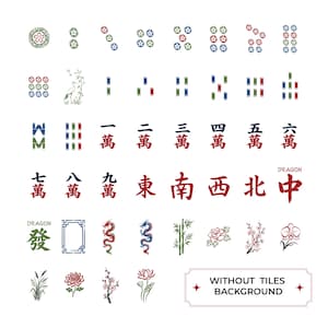May include: A collection of Mahjong tile designs, featuring various symbols, numbers, and Chinese characters in red, green, and blue. The image includes floral and dragon motifs, with the text "WITHOUT TILES BACKGROUND".