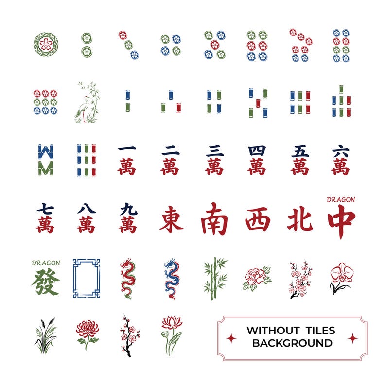 May include: A collection of Mahjong tile designs, featuring various symbols, numbers, and Chinese characters in red, green, and blue. The image includes floral and dragon motifs, with the text "WITHOUT TILES BACKGROUND".
