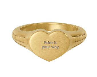 Anillo de sello con corazón grabado, acero inoxidable con revestimiento PVD de oro de 18 quilates, grabado personalizado.