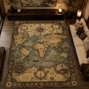 Peut inclure: Un tapis rectangulaire orné d'une carte du monde au style ancien dans des tons de bleu, beige et marron. La carte présente des illustrations de roses des vents, de voiliers et d'un phare, encadrées par une bordure décorative à motifs marins.