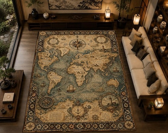 May include: A rectangular area rug featuring a vintage-style world map design in shades of blue, beige, and brown. The map includes illustrations of compass roses, sailing ships, and a lighthouse, all framed by a decorative border with nautical motifs.