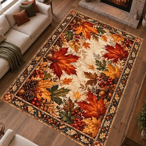 May include: A rectangular area rug featuring a detailed autumn-themed pattern with vibrant red, orange, and yellow maple leaves, brown pinecones, and clusters of red berries. The design includes a dark border with small oak leaves and acorns.