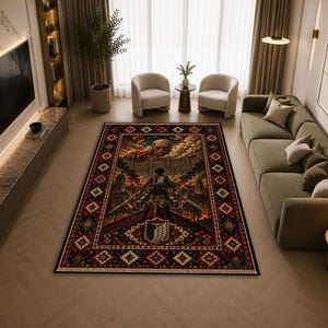 May include: A rectangular area rug featuring a detailed graphic illustration of a character standing before a massive wall and a giant humanoid figure, surrounded by flames and debris, with a dark red, blue, and black ornate border pattern.