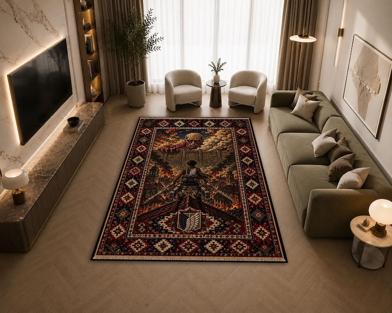 May include: A rectangular area rug featuring a detailed graphic illustration of a character standing before a massive wall and a giant humanoid figure, surrounded by flames and debris, with a dark red, blue, and black ornate border pattern.