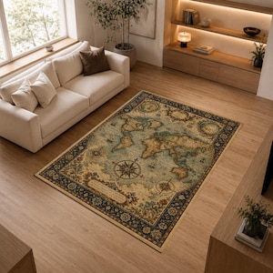 Könnte beinhalten: Ein rechteckiger Teppich mit einem Weltkarten-Design im Vintage-Stil in gedeckten Beige-, Blau- und Brauntönen. Der Teppich hat eine dunkle, dekorative Bordüre mit Blumenmustern, Kompassrosen und kartografischen Details auf der Oberfläche.