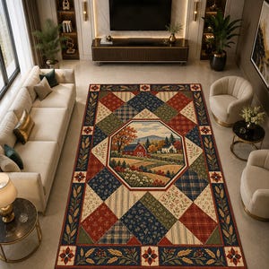 Rustic Farmhouse Patchwork Rug, Country Barn Area Rug, Vintage Quilt Style Rug, Autumn Farmhouse Decor, Cottage Country Rug