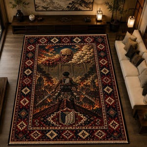 May include: A rectangular area rug featuring a detailed Attack on Titan graphic print. The design displays a large titan head overlooking a city wall, a soldier with dual blades, and the Survey Corps emblem, all framed by a dark red and blue border.