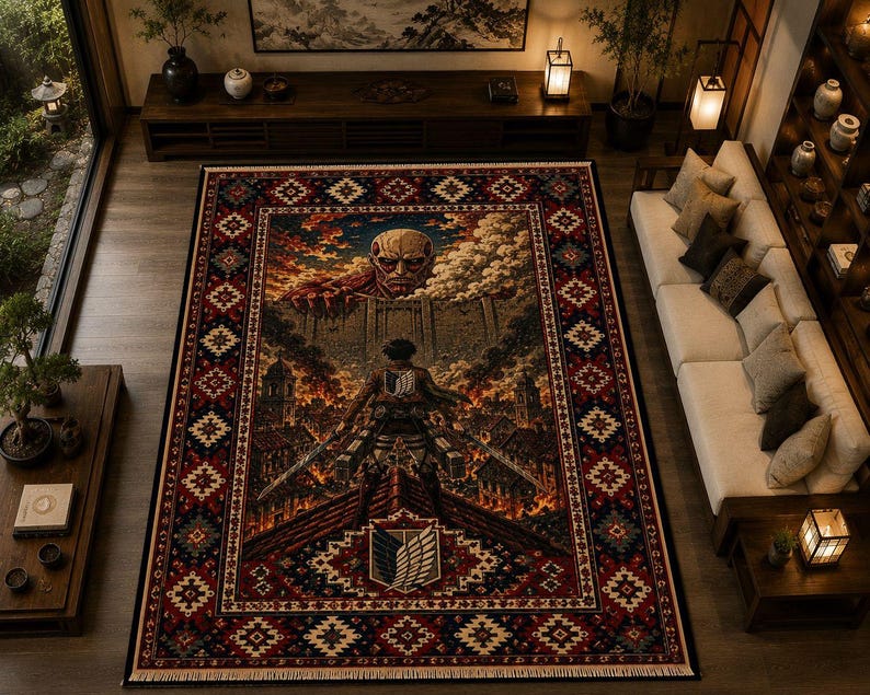 May include: A rectangular area rug featuring a detailed Attack on Titan graphic print. The design displays a large titan head overlooking a city wall, a soldier with dual blades, and the Survey Corps emblem, all framed by a dark red and blue border.