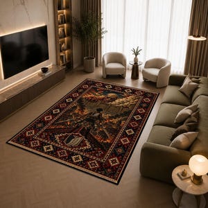 May include: A rectangular area rug featuring a dark, detailed graphic print of a character with swords standing before a large wall and a giant head in a cloudy sky, surrounded by a traditional red, black, and white geometric border pattern.