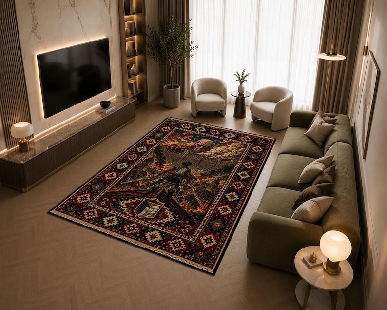 May include: A rectangular area rug featuring a dark, detailed graphic print of a character with swords standing before a large wall and a giant head in a cloudy sky, surrounded by a traditional red, black, and white geometric border pattern.