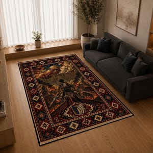 May include: A rectangular area rug featuring a detailed graphic illustration of a giant humanoid figure peering over a stone wall, with a soldier in the foreground. The rug has a dark red, black, and gold ornate border with geometric patterns.