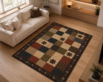 May include: A rectangular area rug featuring a patchwork design of alternating squares in shades of red, blue, green, and cream. Several squares contain a dark star motif, and the border is decorated with a repeating pattern of small stars.