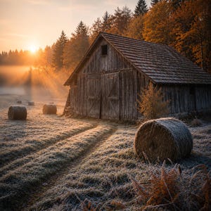 Könnte beinhalten: Eine verwitterte Holzscheune steht bei Sonnenaufgang auf einem frostbedeckten Feld. Mehrere zylindrische Heuballen sind auf dem mit einer Schicht aus weißem Frost überzogenen Gras verteilt. Ein dichter Wald mit herbstlich gefärbten Bäumen grenzt an.