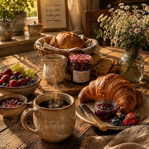 Könnte beinhalten: Ein rustikales Frühstück auf einem Holztisch mit einer dampfenden Keramiktasse, einem goldenen Croissant, einem Glas Bonne Maman Erdbeermarmelade, einer Schale mit Erdbeeren und Weintrauben, einem Brotkorb und einer Vase mit Wildblumen.