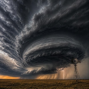 Puede incluir: Una enorme nube de tormenta supercelular con capas oscuras y arremolinadas domina el cielo sobre un campo dorado. Un molino de viento de metal se alza a la derecha, mientras un rayo cae a lo lejos. El texto The Goose Garden es visible.