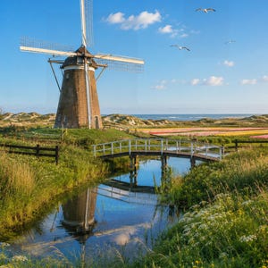 Dutch Coastal Windmill Wall Art | Historic Netherlands Windmill | Spring Coastal Landscape Print | Fine Art Digital Download