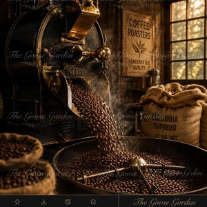 May include: A vintage black and brass Probat coffee roaster machine dispensing roasted coffee beans into a large circular cooling tray. A burlap sack labelled Colombia Supremo 70 KG NET sits nearby, and a sign reads COFFEE ROASTERS HANDCRAFTED QUALITY.