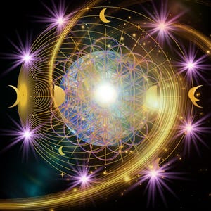 May include: An abstract digital art piece featuring a central sphere with a floral pattern, surrounded by golden lines, crescent moons, and starbursts. The color palette includes gold, purple, and blue against a black background, creating a celestial theme.