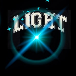 May include: A black graphic design featuring the word LIGHT in a bold, white, arched serif font. The design is accented with bright cyan blue star-shaped sparkles and a central, radiating blue light burst effect against a solid black background.