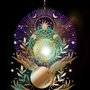 May include: A digital illustration featuring two golden hands cradling a glowing, translucent sphere with a central light. Above, a complex geometric pattern includes a sun, crescent moons, and radiating purple lines, all set against a black background.