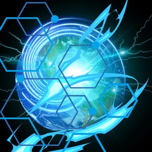 May include: A digital graphic featuring a glowing blue Earth globe centered behind a series of interconnected blue hexagonal outlines and sharp, abstract light streaks. The composition uses a dark background to emphasize the bright cyan and blue light.