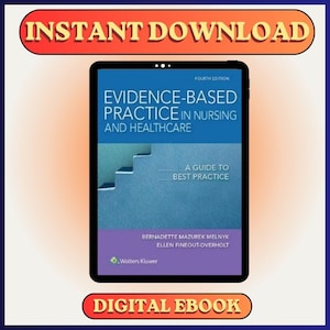 Puede incluir: Un libro electrónico digital titulado "Evidence-Based Practice in Nursing and Healthcare" en una tableta. La portada presenta texto y gráficos azules, blancos y morados. Las palabras "Instant Download" y "Digital Ebook" se muestran.