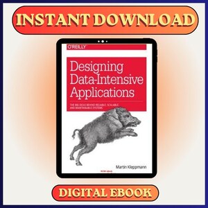 Puede incluir: Una tableta muestra la portada de "Designing Data-Intensive Applications" de Martin Kleppmann. La portada del libro es roja con texto blanco y una ilustración en escala de grises de un jabalí. También se ven las palabras "Descarga instantánea" y "Libro electrónico digital".