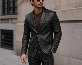 Men’s Distressed Black Leather Blazer | Handmade Vintage Biker Style | Slim Fit Formal Coat