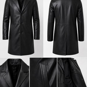May include: A black leather coat featuring a notched lapel, a three-button front closure, long sleeves, and side pockets. The design includes a center back vent and a smooth interior lining, showcasing both the front and back views of the garment.