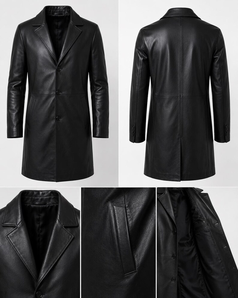 May include: A black leather coat featuring a notched lapel, a three-button front closure, long sleeves, and side pockets. The design includes a center back vent and a smooth interior lining, showcasing both the front and back views of the garment.