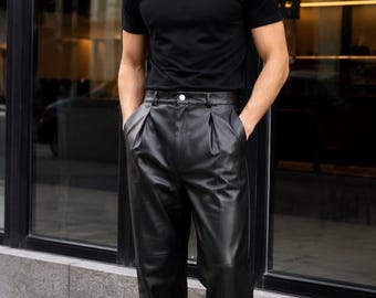 Men's Lambskin Leather Pants | Relaxed Fit Genuine Leather High Waist Casual Trousers