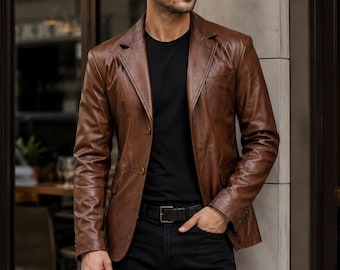 Men's Genuine Leather Coat Blazer |  Tailored 2 Button Sport Coat | Handmade Classic Formal Outerwear
