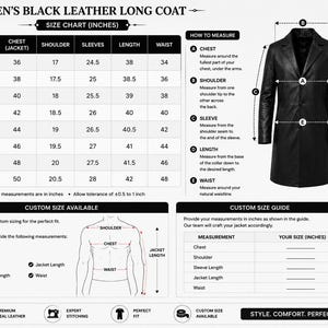 May include: A black leather long coat displayed alongside a size chart in inches. The graphic includes a diagram illustrating how to measure chest, shoulder, sleeve, length, and waist. A custom size guide and a body measurement outline are also provided.